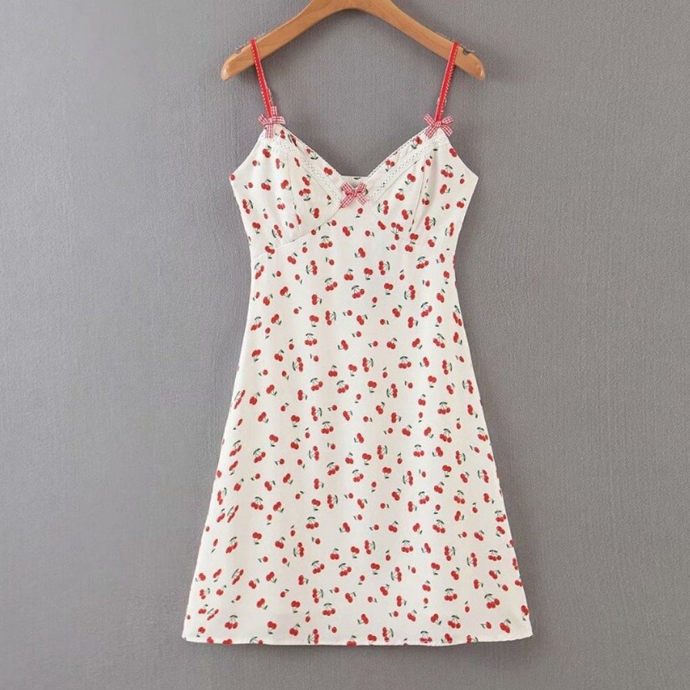 Floral Print Mini Dress - White with Red Accents
